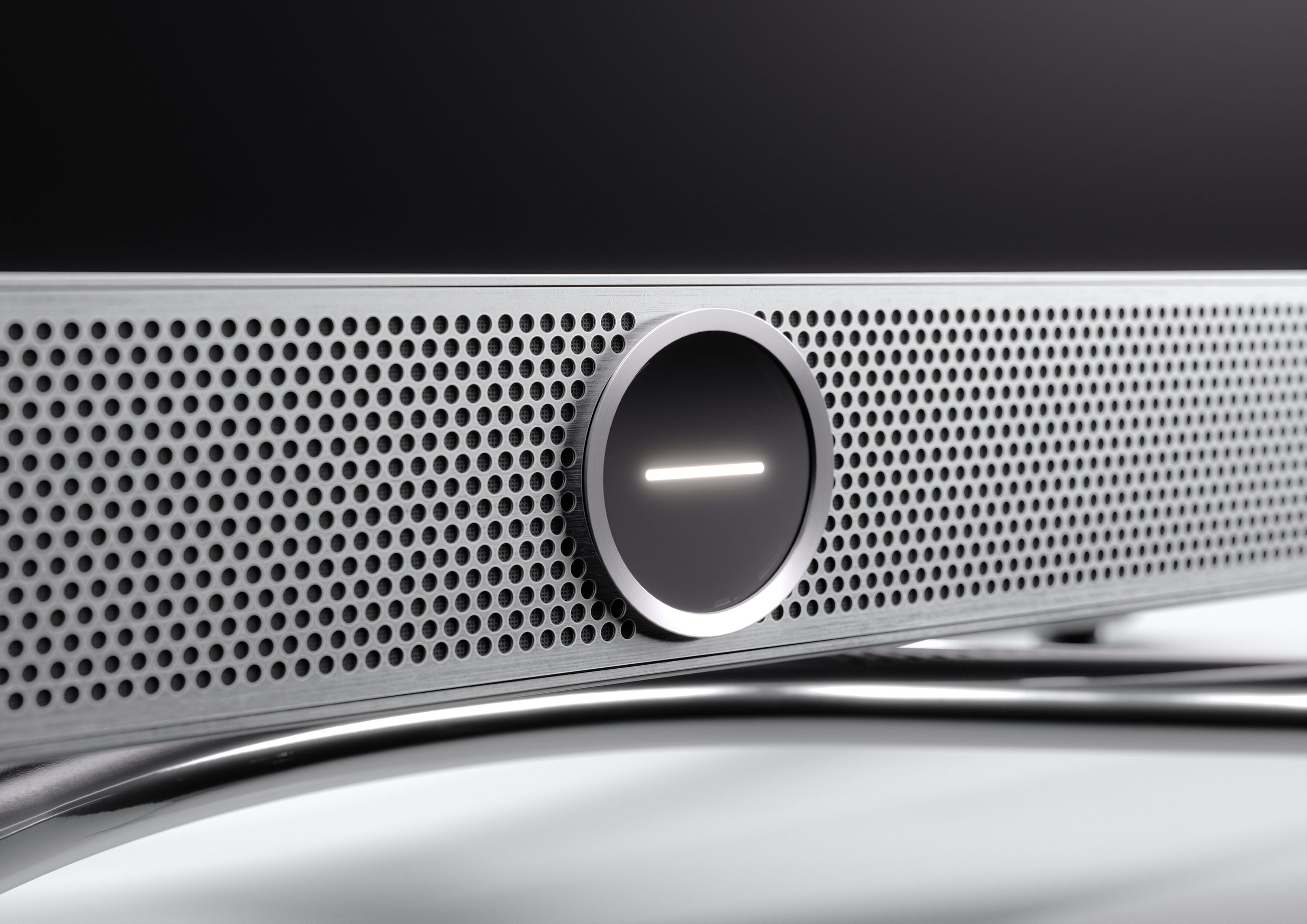 Loewe Vega Series television, detail of the illuminated control ring and speaker grille